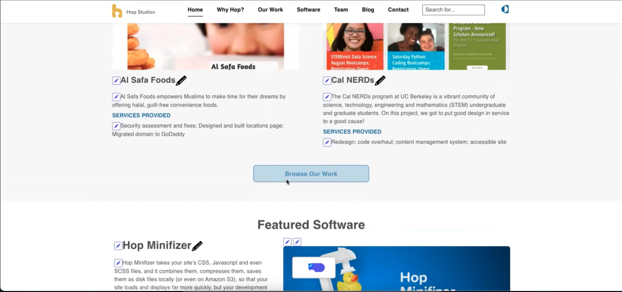 Screenshot of Hop Edit This pencil icons on live site
